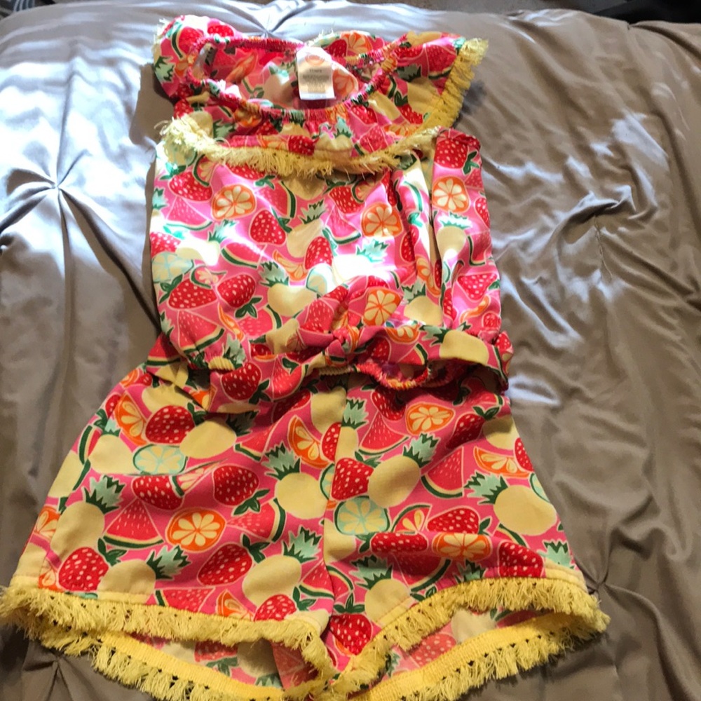 Fruit Pink Shorts Set with Yellow Fringe
